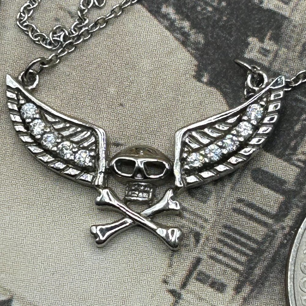 Skull Cross Bones Wings Necklace Sterling Silver CZ Marked 925